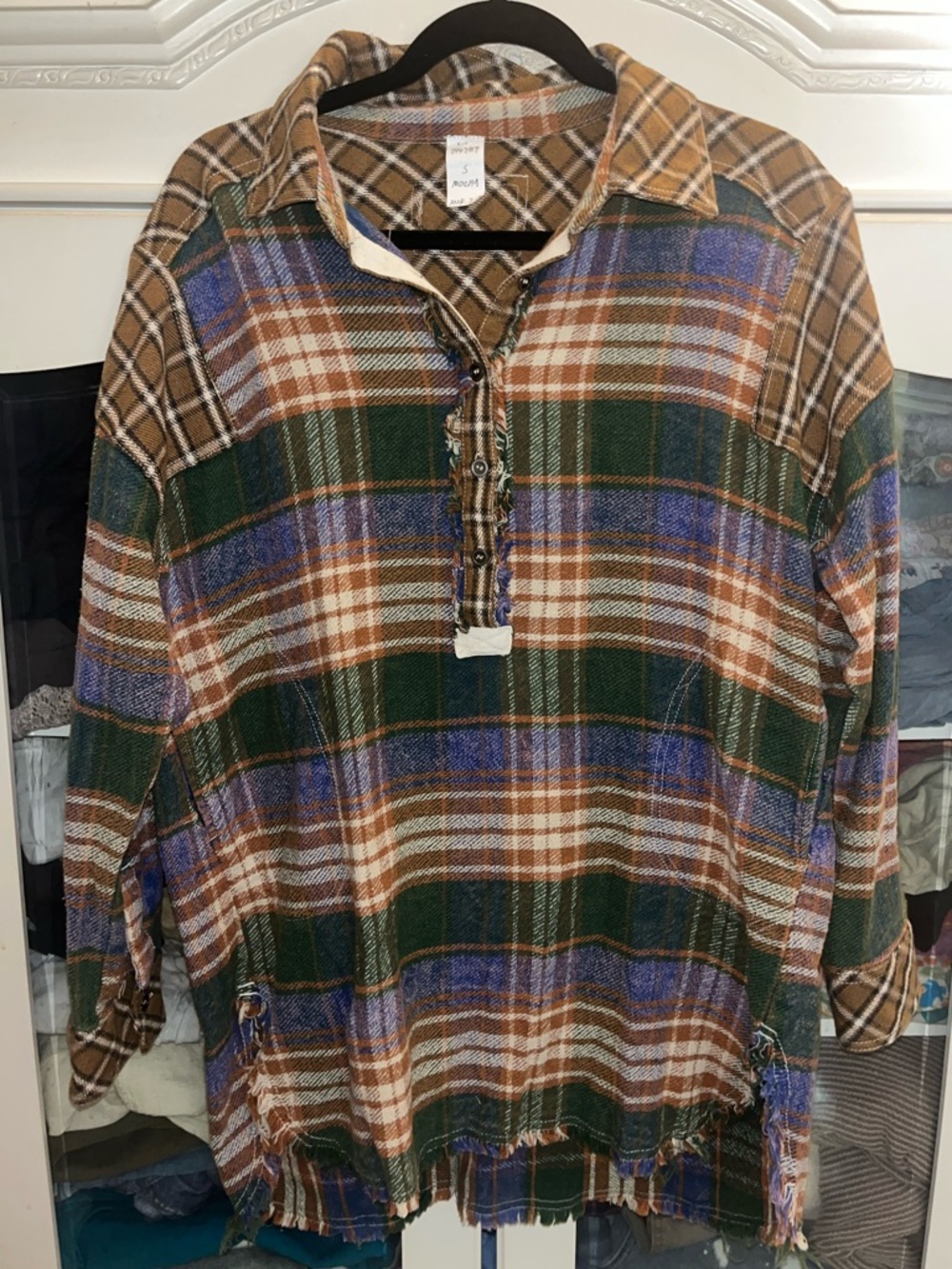 SMALL New with factory tags, boutique brand Plaid Button-Up top with fringe hem